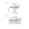 Detalle del diseño y medidas del efecto de pegado para vinilos de pared de 52x45cm - BE beautiful Frase (10Y36-B33) / Negro