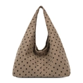 Borsa tote marrone in velluto a coste a pois con tracolla larga dal design minimale - Cachi