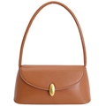 Fashionable caramel brown leather square shoulder bag with gold oval buckle closure - Brown