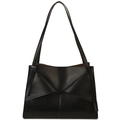 Bolso de hombro minimalista en cuero negro con pliegue geométrico en V y hebilla plata - Negro