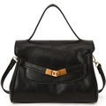 Klassische schwarze Ledertasche mit goldenem V-Schloss und abnehmbarem Gurt - Schwarz