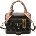 Bolso de mano retro negro con patrón de rombos blancos y asa de pañuelo de seda - Negro