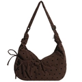 Borsa tote vintage in velluto a coste a pois marrone con tracolla e fiocco decorativo - Marrone