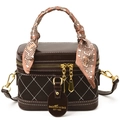 Bolso caja retro en cuero marrón con diseño acolchado y pañuelo de seda en el asa - Marrón