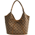 Borsa tote in nylon marrone a pois neri con fiocco decorativo sui manici - Cachi