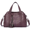 Deep purple faux leather tote bag with braided handles and a cat charm on a white background - Purple
