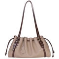Retro pleated tote bag in beige and dark brown leather with flower charm detail - White & Khaki