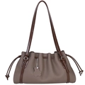 Chic taupe pleated leather tote bag with drawstring closure and shoulder strap - Khaki