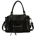 Borsa a mano da donna in pelle PU nera con tre cerniere frontali e dettagli argento - Nero