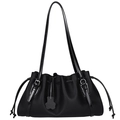 Vintage black lychee leather tote bag with drawstring closure and cute bear charm - Black
