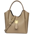 Elephant grey pebbled leather bucket bag with gold hardware and adjustable strap - Khaki