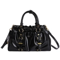 Schwarze Retro-Lackleder-Einkaufstasche mit Plissee-Oberseite und goldenem Ring-Detail - Schwarz