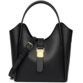 Chic black lychee grain leather bucket bag with top handle and gold hardware detail - Black