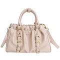 Schicke beige Handtasche mit Falten aus Kunstleder, Goldringen und Trageriemen - Gebrochenes Weiß