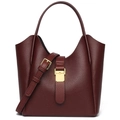 Elegant burgundy lychee leather bucket bag with gold hardware and adjustable strap - Red
