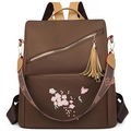 Zaino marrone da donna in tessuto Oxford con ricami floreali e dettagli nappina - Marrone