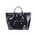 Glossy black tote bag with croc-embossed texture and minimalist white lettering - Black