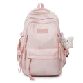 Sac à dos rose minimaliste avec broderie de nœuds et charm en peluche blanche - Rose