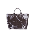 Glossy dark brown snake-patterned tote bag with white TOTE BAG print and double handles - Brown