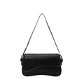 Minimalist black faux leather shoulder bag with a unique wavy base and gold metal buckles - Style 1 Black