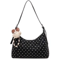 Sac hobo à pois noirs et blancs avec texture en velours et breloque en peluche - Noir