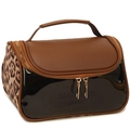 Dual-layer leopard print makeup bag with PU leather handle and large capacity - Khaki