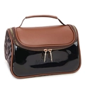 Double-layer leopard print makeup bag with black patent finish and top handle - Gray