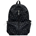 Black school backpack with white star and music note print featuring side cinch pockets - Black
