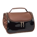 Leopard print and brown leather double-layer makeup bag with black base and dual zippers - Brown