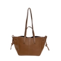 Dark brown leather tote bag with white contrast stitching and side drawstring knots - Brown
