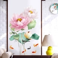 3D lotus muursticker met roze bloemen groene bladeren en goudvissen op witte bakstenen - Lotusblad En Goudvis (GS9500)
