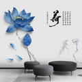 3D wall sticker featuring elegant blue lotus blossoms with modern Chinese calligraphy art - Blue Lotus Chinese Style (GS9173)