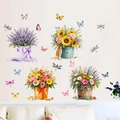 Self-adhesive wall decals featuring potted lavender, sunflowers, and colorful butterflies - Wooden Bucket Flower Basket Butterfly (KSG-97)