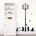Black street lamp and cat silhouettes wall decals for home interior wall decoration - Cat Silhouette under Street Lamp