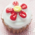 Miniature cupcake charm with red flower and white cream topping for DIY crafts - Coffee Flower Style