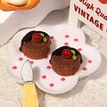 Resin DIY miniature chocolate mousse cakes with red berry accents on floral tray - Brown Base Dark Brown Cream Style