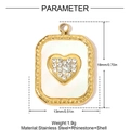 Golden rectangular shell pendant with crystal heart, 18x13mm stainless steel charm - Heart Shell Rhinestone Rectangular (YH1423)