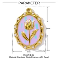 Vintage stainless steel oval pendant with purple enamel tulip and pearl trim detail - Purple Vintage Tulip (YF952-2)