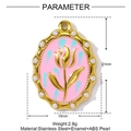 Pink enamel oval pendant in stainless steel with floral motif and white ABS pearls - Pink Vintage Tulip (YF952-3)
