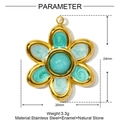 Golden flower pendant with turquoise stone and green enamel detailing in stainless steel - Medium / Cyan Flower Style (YF979-4)