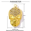 Gold stainless steel skull pendant with white rhinestones, size 22mm by 14mm - Gold Skull (XF888)