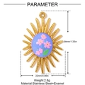 Golden stainless steel sun pendant with a blue enamel oval and pink floral pattern detail - Sunburst Radiating Pendant (YH721)