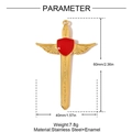 Golden sword cross pendant with red enamel shield wing design and dimensions info - Red Winged Cross Sword (YH1282-3)