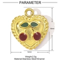 Golden stainless steel heart pendant with red enamel cherries and size dimensions - Gold Cherry Enamel Heart Style (YE1053)