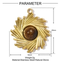 Gold stainless steel sunburst pendant with round tiger eye stone inlay, 18mm x 20mm - Sunburst Tiger Eye Stone Style (YE1351-5)