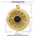 Gouden roestvrijstalen ronde hanger met zwarte natuursteen en zonnestraal ontwerp - Zwarte Zon Stijl (YE1348-5)