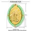 Pendentif Vierge Marie en acier inoxydable doré avec perles de verre vertes 25x19mm - Pendentif Vierge Marie Bordure Perles Vert Clair (YE1425-3)