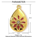 Golden stainless steel teardrop pendant with red enamel flower and clear crystal stone - Red Drop Flower (YE1138-1)