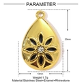 Golden teardrop stainless steel pendant with black enamel flower and white rhinestone - Black Drop Flower (YE1138-2)