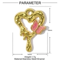 Golden melted heart pendant with pink enamel butterfly and size measurements - Melted Heart Pink Butterfly (YF423-3)